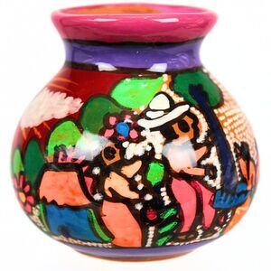 Terra Cotta Vase Mexican Folk-Art Pottery Guerrero Style Hand-Painted Village 3"